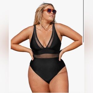 CUPSHE Women Plus Size One Piece Swimsuit V Neck Mesh Sheer Tummy Control